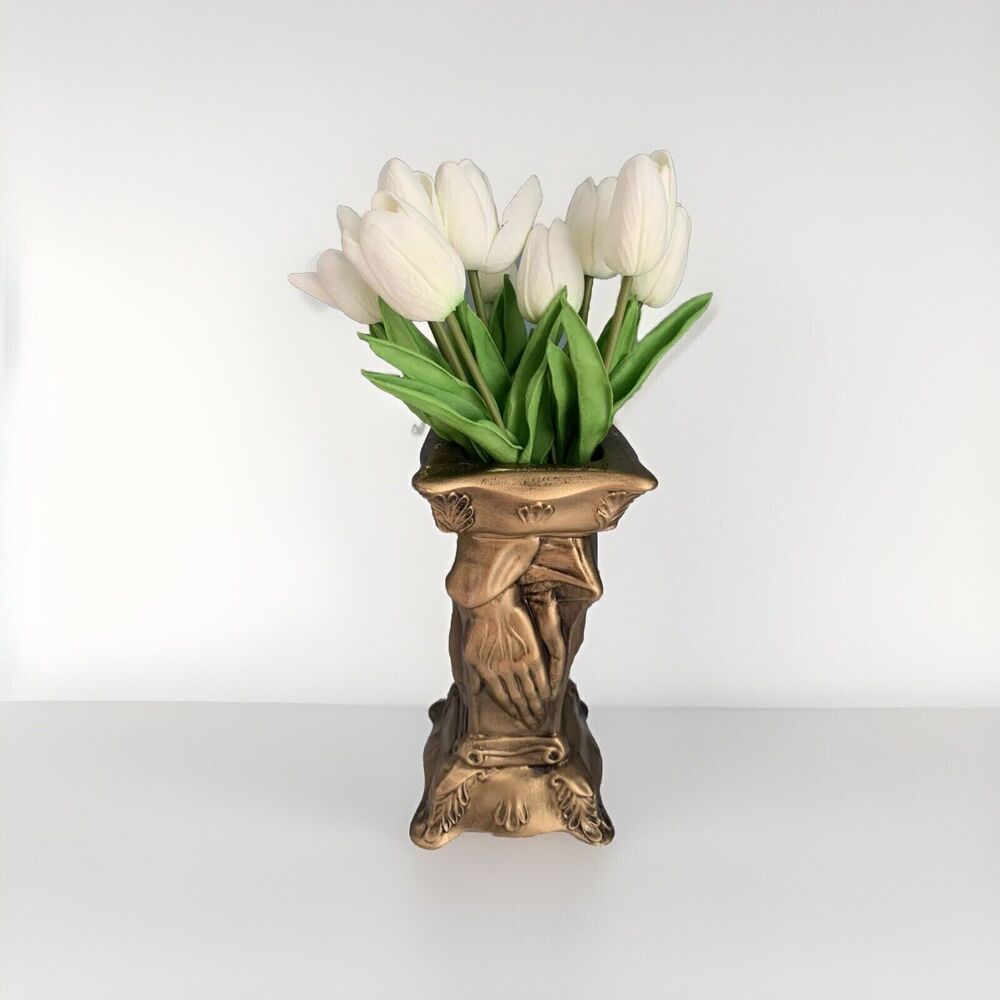 Vintage Ceramic Praying Hands Vase or Candle Stand Gold Hand Painted 1974 Signed